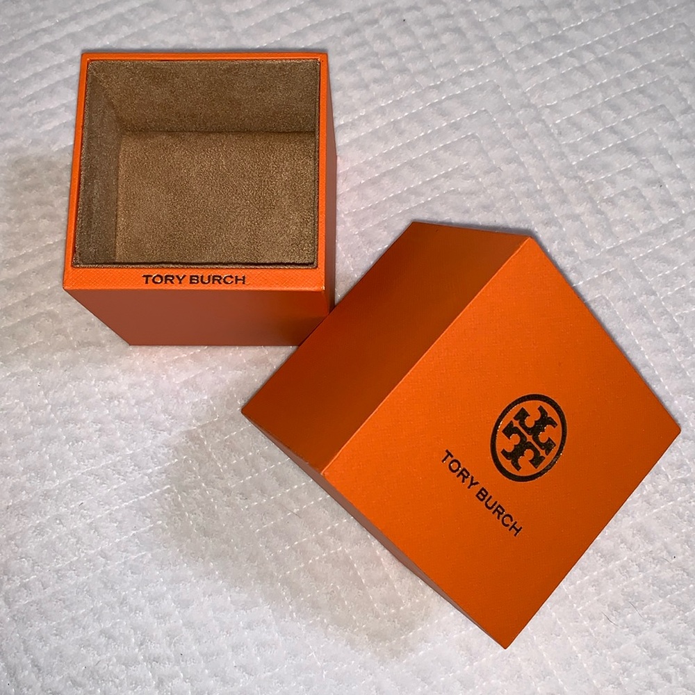 Tory Burch Watch & Jewelry Hardshell Square Box, Orange & Gold, Brown Interior